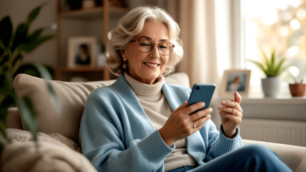 Confident senior woman using smartphone at home - free government phone program