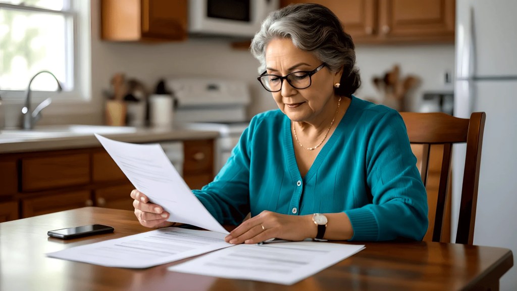 Senior woman completing Lifeline application paperwork for free government phone program